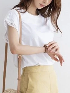 Solid Lace Trim Stitch Crew Neck Short Sleeve T-shirt -Zanzea Shop 054fdcad b5bd 496a be0c 02673e185f85