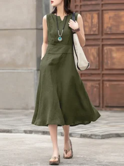 Solid Sleeveless Pocket Crew Neck Casual Dress -Zanzea Shop 056068ee 24bf 4f70 b619 81b44569d203