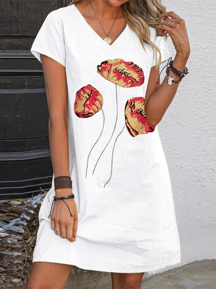 Women Floral Print V-Neck Cotton Short Sleeve Dress 3 Women Floral Print V-Neck Cotton Short Sleeve Dress - Image 3