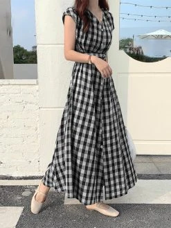 Check Print Button V-neck Short Sleeve Belt Maxi Dress -Zanzea Shop 05bd96f4 2100 4a54 8f8b 9d86587cc2b0