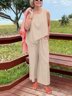 Women Solid Crew Neck Sleeveless Wide Leg Pants Co-ords -Zanzea Shop 05c193aa 31d2 4966 9925 a4e149852d00