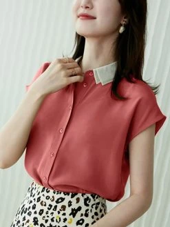 Contrast Double Layered Neck Short Sleeve Button Blouse -Zanzea Shop 05e6959c a8eb 4e66 83d8 ed6d4a0dc736