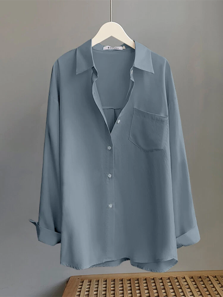 Solid Pocket Button Front Long Sleeve Lapel Shirt 5 Solid Pocket Button Front Long Sleeve Lapel Shirt - Image 5