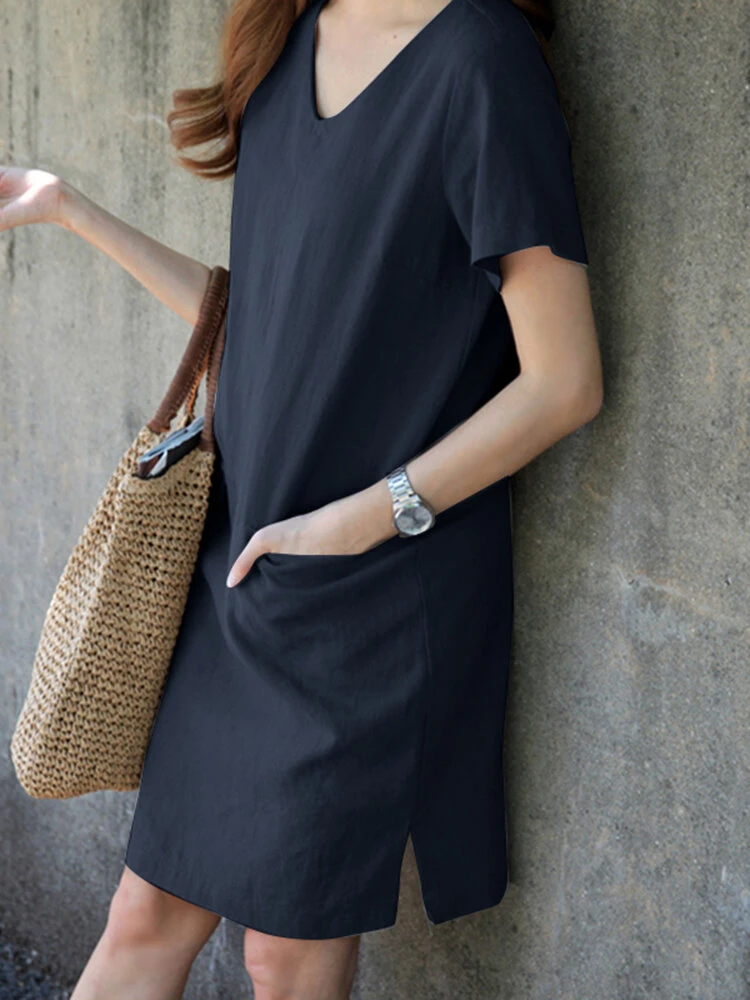 Solid Pocket Slit Hem V-neck Short Sleeve Vintage Dress 11 Solid Pocket Slit Hem V-neck Short Sleeve Vintage Dress - Image 11
