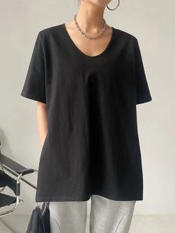 Solid Split Round Neck Short Sleeve Casual T-Shirt -Zanzea Shop 064fc5dd 5020 45fe bd9e 78da11733171
