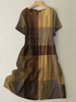 Check Pattern Pocket Short Sleeve Crew Neck Casual Dress -Zanzea Shop 0650f336 d654 4e73 8202 7612919cdf16