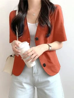 Solid Button Front Pocket Short Sleeve Lapel Blazer -Zanzea Shop 06528307 7acb 4838 95d6 2a3d4c5bdb20