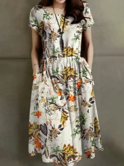 Flower Print Pocket Drawstring Waist Short Sleeve Midi Dress -Zanzea Shop 0679afd5 3d08 43f8 bafa bc0a7e361b32