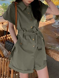 Solid Belt Button Front Pocket Short Sleeve Lapel Cargo Romper -Zanzea Shop 06962c12 8fa7 4c4c adc1 3ddb4c4b013a