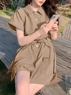 Solid Belt Button Front Pocket Short Sleeve Lapel Cargo Romper -Zanzea Shop 06a0e497 0bce 4cbe b5d5 bbee26436ccb