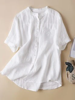 Lace Pocket Solid Button Crew Neck Short Sleeve Blouse -Zanzea Shop 06b88468 4b16 4208 b6cd 4a4fbd2f1783