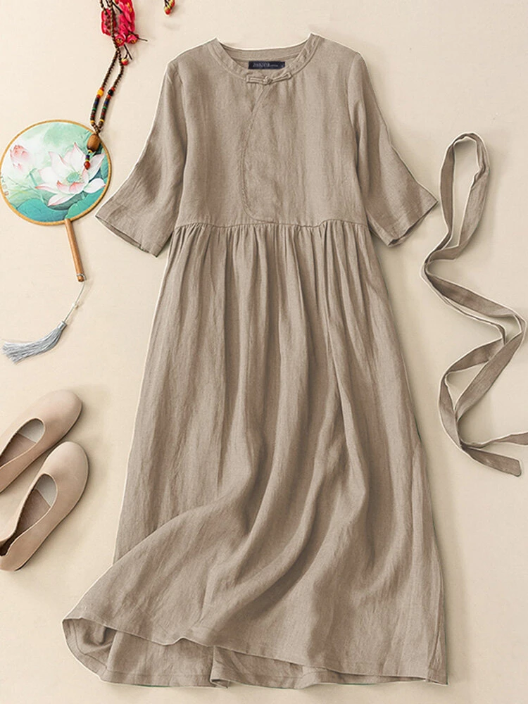 Solid Frog Button Half Sleeve Vintage Dress With Belt 5 Solid Frog Button Half Sleeve Vintage Dress With Belt - Image 5