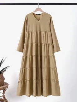 Solid V-neck Tiered Long Sleeve Casual Maxi Dress
