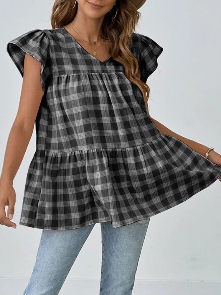 Women Check Print Ruffle Sleeve V-neck A-line Blouse 12 Women Check Print Ruffle Sleeve V-neck A-line Blouse - Image 12