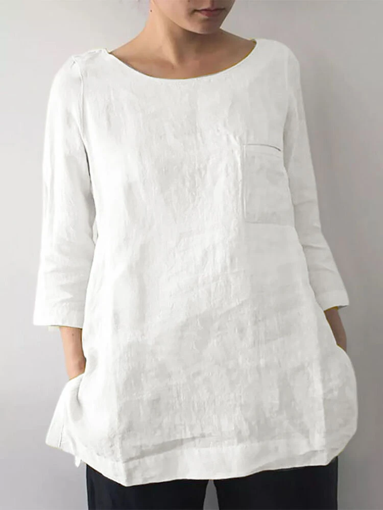 Solid 3/4 Sleeve Keyhole Back Slit Crew Neck Blouse 1 Solid 3/4 Sleeve Keyhole Back Slit Crew Neck Blouse