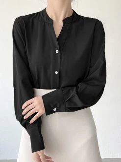 Solid Satin Long Sleeve Button Stand Collar Blouse -Zanzea Shop 07100005 3cb3 4583 a055 248cbbb14c3a