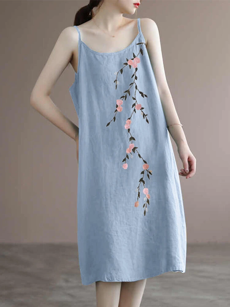 Women Floral Embroidered Cotton Spaghetti Strap Dress 2 Women Floral Embroidered Cotton Spaghetti Strap Dress - Image 2