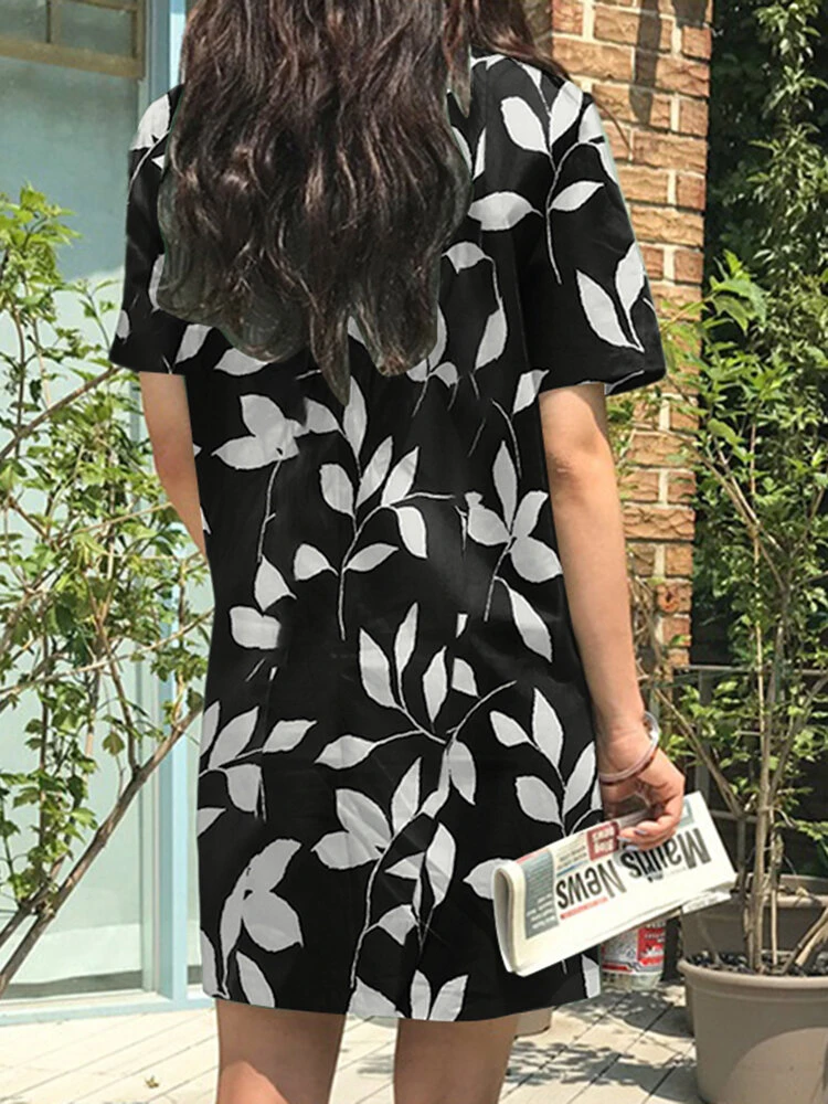 Leaves Print Pocket Crew Neck Short Sleeve Casual Dress 10 Leaves Print Pocket Crew Neck Short Sleeve Casual Dress - Image 10