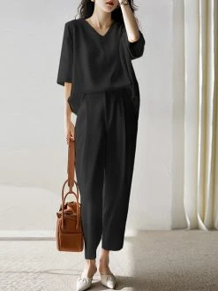 Women Solid Half V-neck Pocket Two Pieces Suit -Zanzea Shop 076fdb7d 458e 4da1 9183 fbc90f11fe68