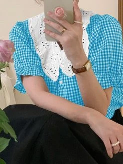 Check Contrast Collar Puff Sleeve Button Front Blouse 14 Check Contrast Collar Puff Sleeve Button Front Blouse -Zanzea Shop 0775ee03 ecd6 4eab 872d 642a25a7211f