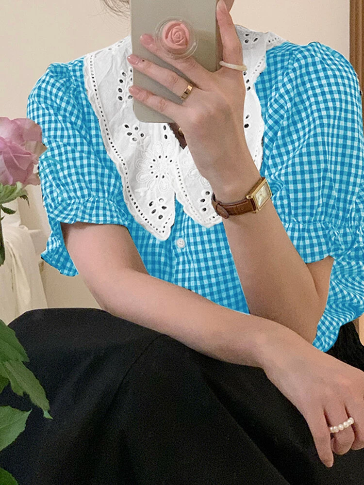Check Contrast Collar Puff Sleeve Button Front Blouse 3 Check Contrast Collar Puff Sleeve Button Front Blouse - Image 3