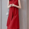 Solid Stand Collar Button Sleeveless Dress For Women