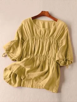 Leisure Solid Tie-Up At Cuff Ruched Round Neck Cotton Blouse -Zanzea Shop 079c510d b188 447c aff4 dfa0dc772bfc