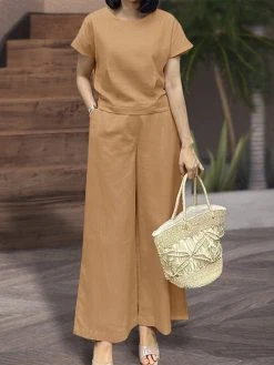 Women Solid Crew Neck Short Sleeve Wide Leg Pants Co-ords -Zanzea Shop 07f3e770 7afd 44ba b6ce 53d852530b9a