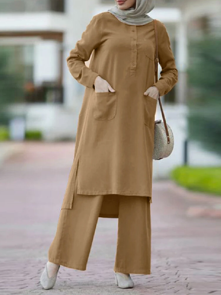 Solid Color O-neck Long Sleeve Plus Size Button Blouse Suit For Women 2 Solid Color O-neck Long Sleeve Plus Size Button Blouse Suit For Women - Image 2