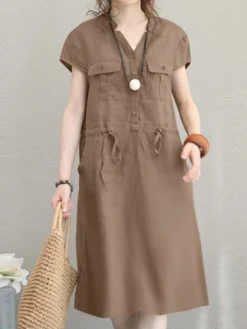 Solid Short Sleeve Pocket Drawstring Button Dress 21 Solid Short Sleeve Pocket Drawstring Button Dress -Zanzea Shop 08031715 8945 4ba5 af88 d4e96678a15b