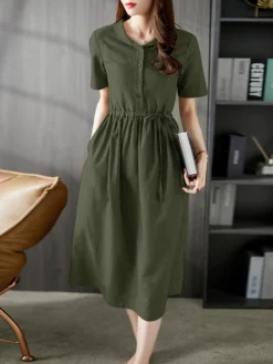 Solid Drawstring Waist Pocket Short Sleeve Vintage Dress -Zanzea Shop 082a6833 f2eb 4cef b887 ed6dd6e0dc23