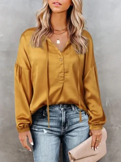 Solid Satin Long Sleeve Tie Front V-neck Blouse -Zanzea Shop 083256ff 3144 4d62 991f 4960f5660db5