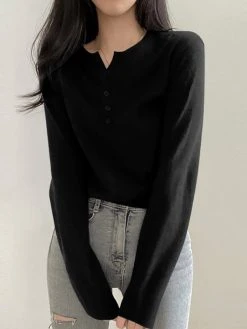 Solid Long Sleeve Half Placket Button Crew Neck Knit T-shirt -Zanzea Shop 08533868 6f76 4e48 aa89 64f05fae0ba4