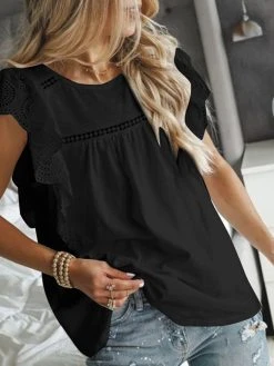 Lace Ruffle Sleeve Solid Crew Neck Loose Blouse -Zanzea Shop 08c11d35 3247 4a8e 8e1f c960720099b3