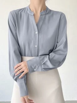 Solid Satin Long Sleeve Button Stand Collar Blouse -Zanzea Shop 08cb1759 94ea 42d9 97ee 9d227f668ab0