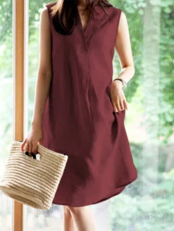 Solid Sleeveless V-neck Dress For Women