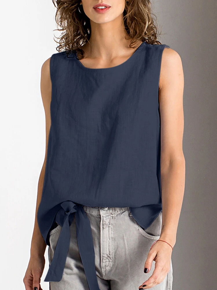 Women Solid Crew Neck Cotton Side Split Tank Top 3 Women Solid Crew Neck Cotton Side Split Tank Top - Image 3