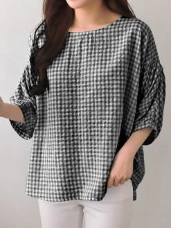 Check Print Crew Neck 3/4 Sleeve Casual Loose Blouse 14 Check Print Crew Neck 3/4 Sleeve Casual Loose Blouse -Zanzea Shop 0908ab1c cde5 4800 a6dd 7442c98de063