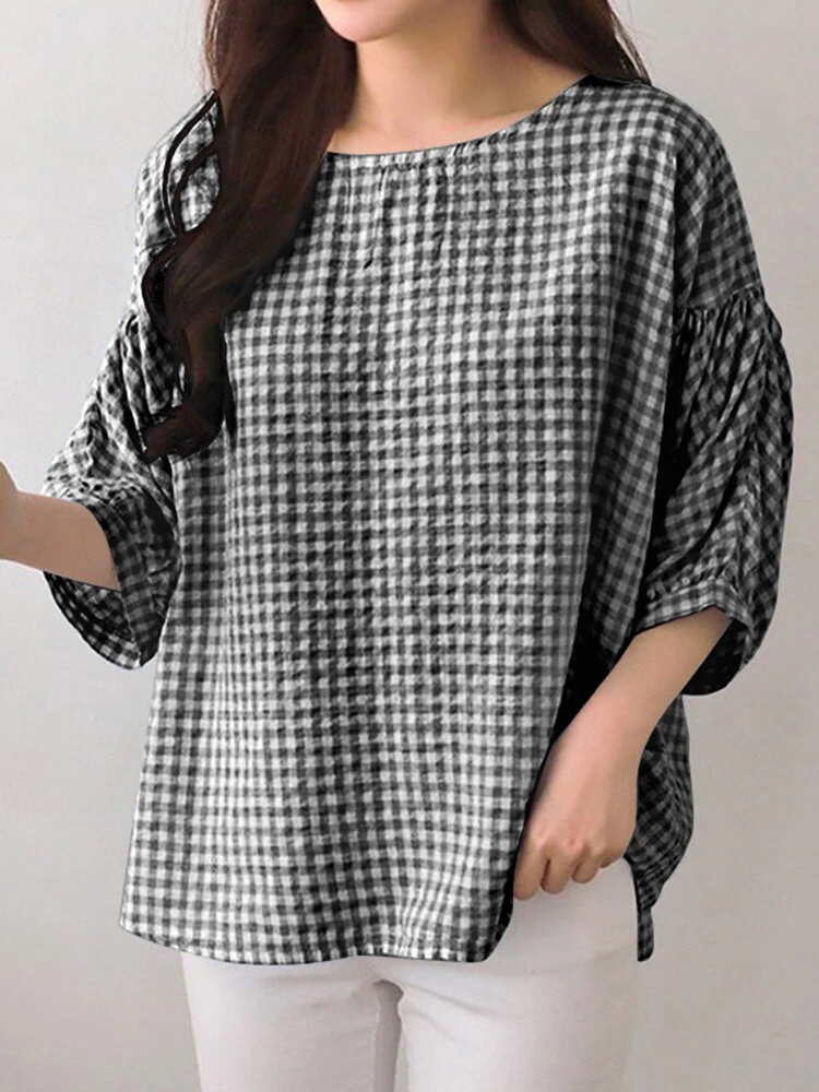 Check Print Crew Neck 3/4 Sleeve Casual Loose Blouse 6 Check Print Crew Neck 3/4 Sleeve Casual Loose Blouse - Image 6