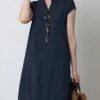 Solid Pocket Short Sleeve V-neck Dress For Women