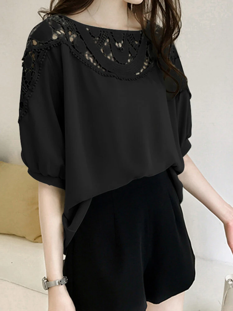 Women Hollow Stitch Half Sleeve Crew Neck Blouse 12 Women Hollow Stitch Half Sleeve Crew Neck Blouse - Image 12