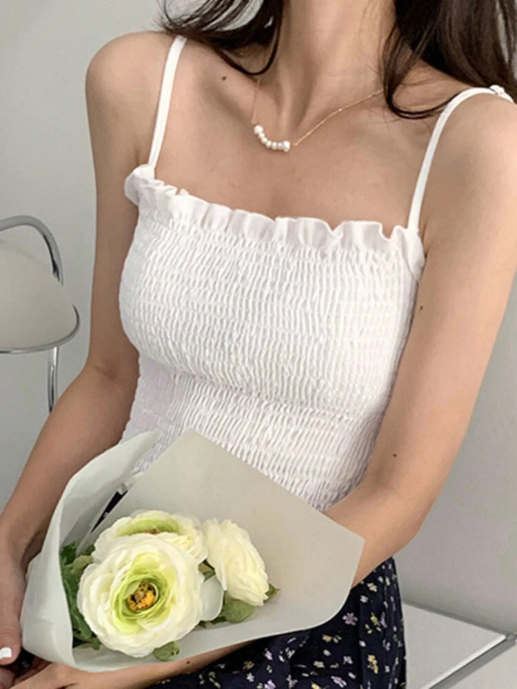 Shirred Adjustable Strap Solid Lettuce Edge Sexy Cami 3 Shirred Adjustable Strap Solid Lettuce Edge Sexy Cami - Image 3