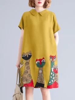 Cartoon Cat Print Short Sleeve Pocket Doll Collar Women Dress -Zanzea Shop 095ad3be e10f 4a82 ac0d 1228840df52a