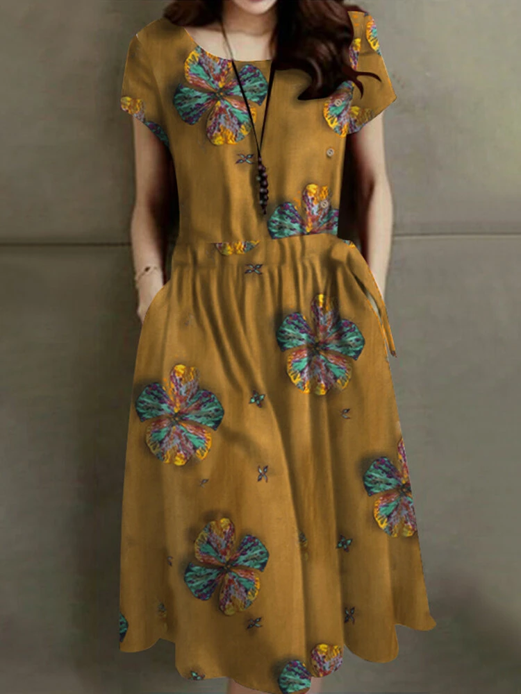 Flower Print Drawstring Waist Pocket Short Sleeve Vintage Dress 7 Flower Print Drawstring Waist Pocket Short Sleeve Vintage Dress - Image 7