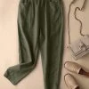Solid Pocket Elastic Waist Casual Cotton Pants