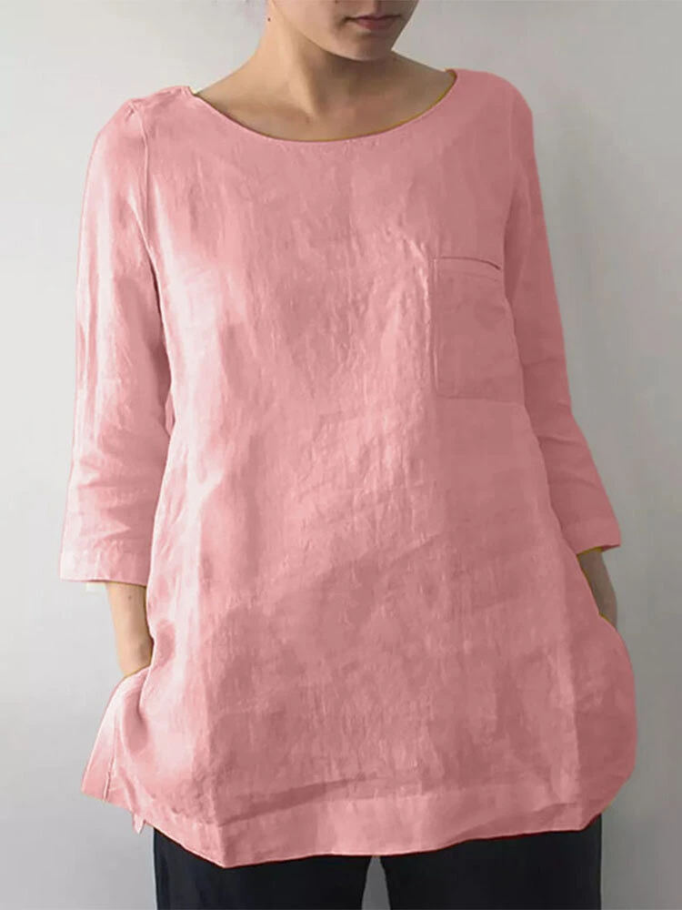 Solid 3/4 Sleeve Keyhole Back Slit Crew Neck Blouse 7 Solid 3/4 Sleeve Keyhole Back Slit Crew Neck Blouse - Image 7