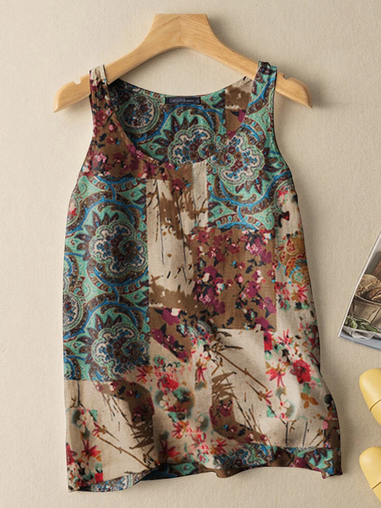 Women Vintage Print Crew Neck Cotton Sleeveless Tank Top 2 Women Vintage Print Crew Neck Cotton Sleeveless Tank Top - Image 2