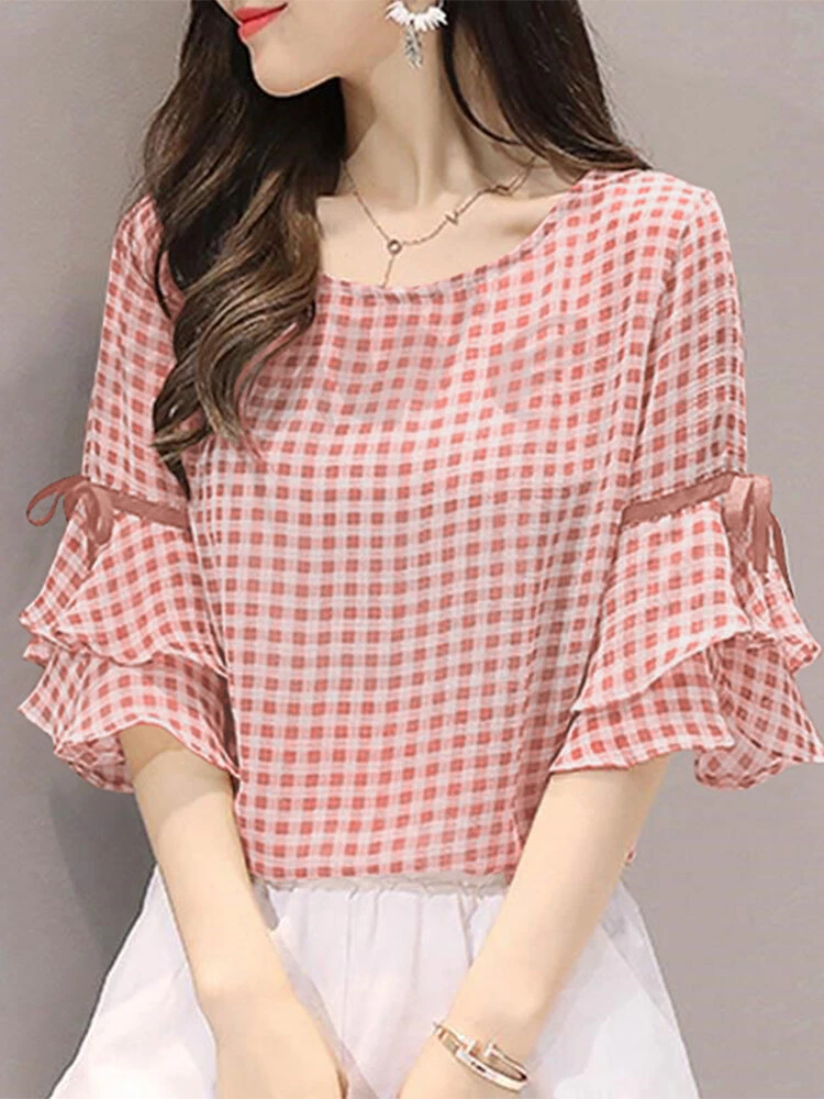 Plaid Knotted Patchwork Ruffle Sleeve Round Neck Blouse 1 Plaid Knotted Patchwork Ruffle Sleeve Round Neck Blouse