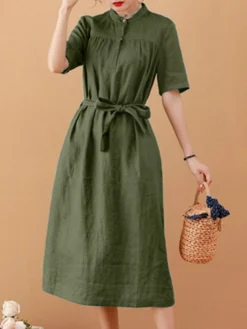 Solid Short Sleeve Stand Collar Dress With Belt -Zanzea Shop 0a15f8fb da4f 4438 b897 2feacd5ae9d2