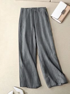 Women Vertical Striped Casual Straight Pants With Pocket
